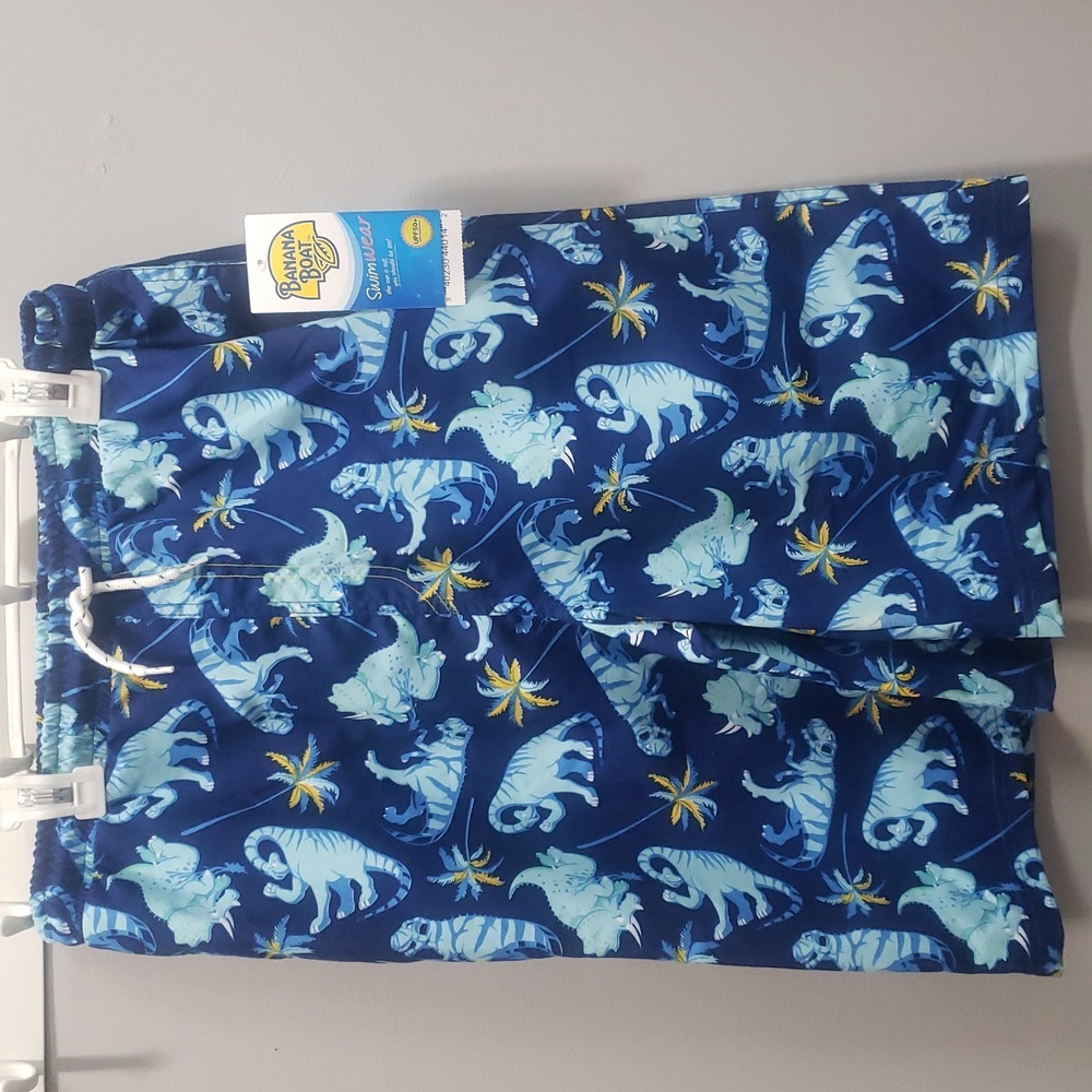 Banana Boat NWT Blue and Aqua Dinosaurs and Palm Trees Swim Trunks, Boys 12